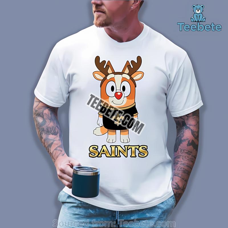 New Orleans Saints Bluey Bingo Reindeer Christmas Shirt