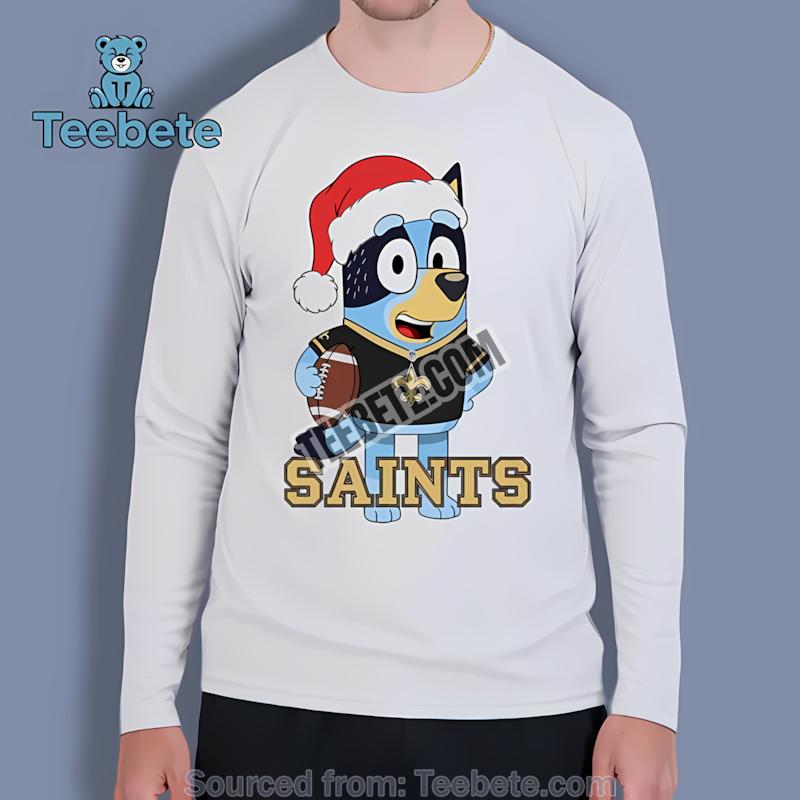 New Orleans Saints Bluey Christmas Santa Hat Long Sleeve New Orleans Saints Bluey Christmas Santa Hat Long Sleeve