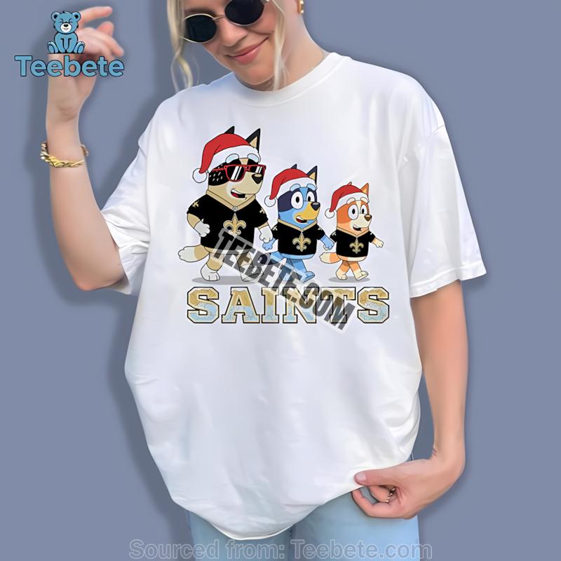 New Orleans Saints Bluey Family Santa Hat Christmas Parade Shirt