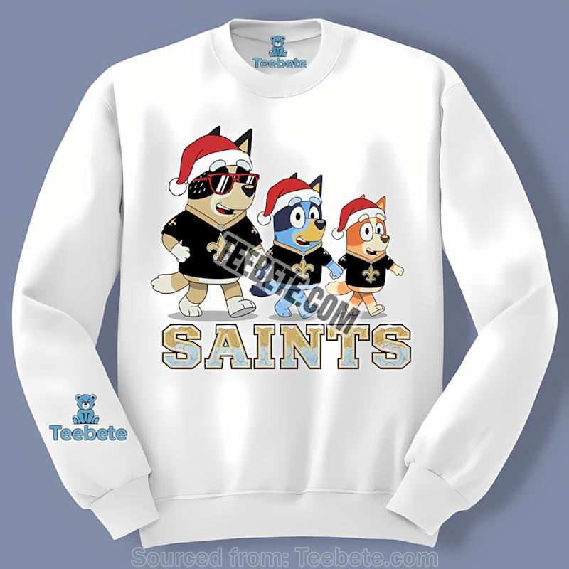 New Orleans Saints Bluey Family Santa Hat Christmas Parade Long Sleeve New Orleans Saints Bluey Family Santa Hat Christmas Parade Long Sleeve