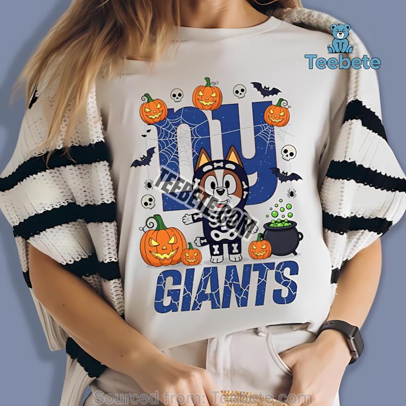 New York Giants Bluey Bingo Halloween Skeleton Pumpkin Shirt