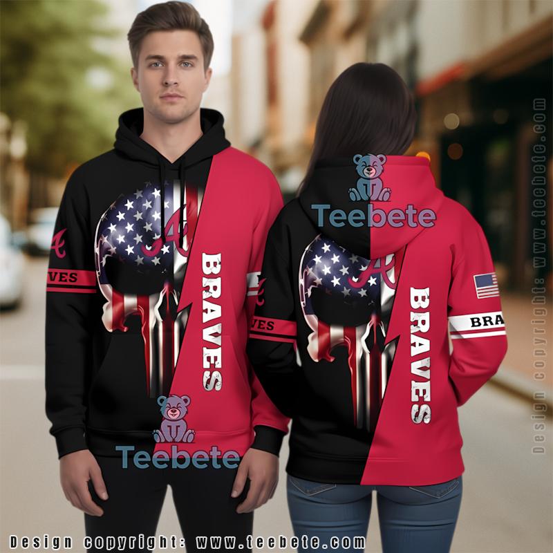 Atlanta Braves Us Flag With Skull 3D Hoodie Red Womens