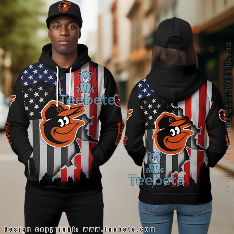 Baltimore Orioles American Flag 3D Hoodie Black Mens