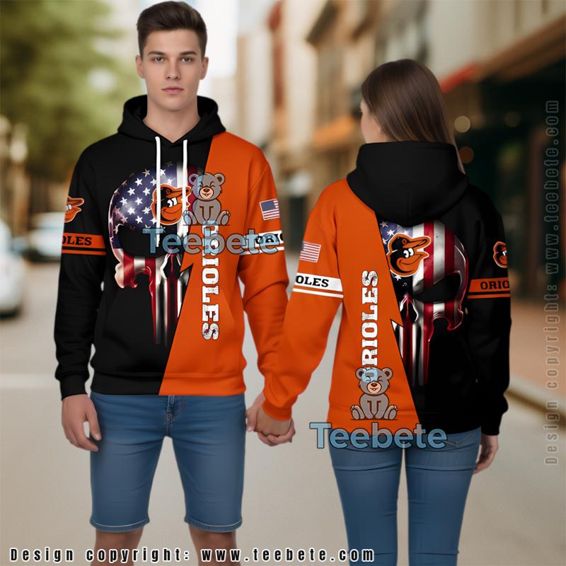 Baltimore Orioles Skull American Flag 3D Hoodie Orange Pullover