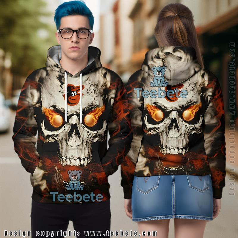 Baltimore Orioles Skull Fire 3D Zip Up Hoodie Red
