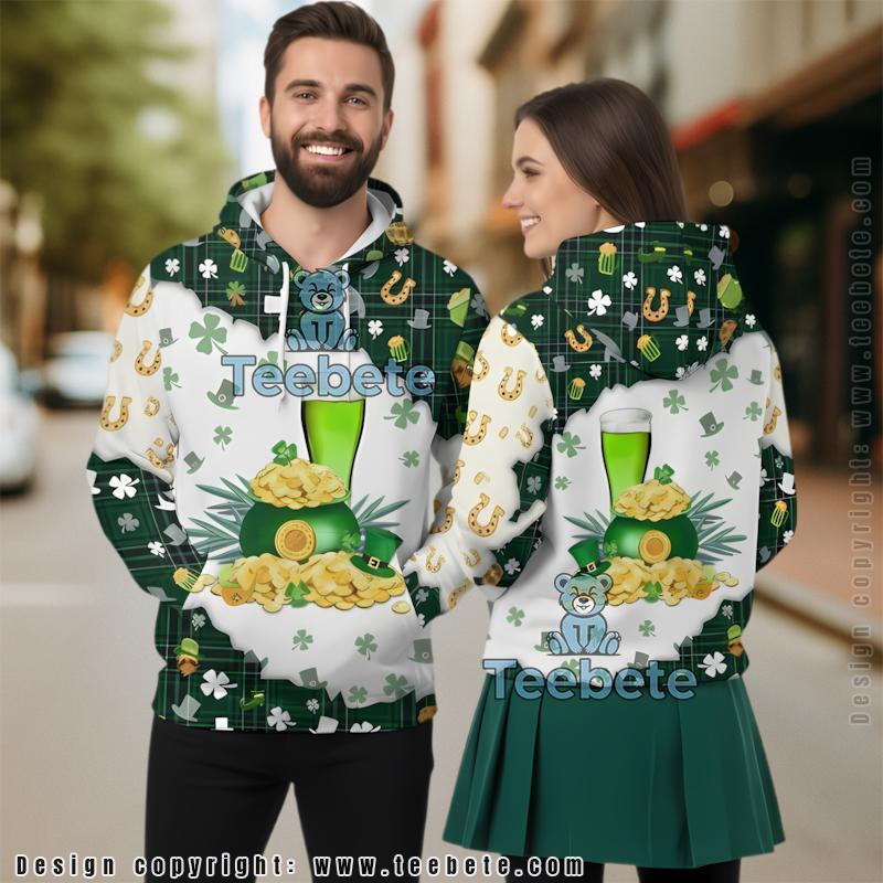 Beer Gold Shamrock St Patrick Day 3D Hoodie Green White Womens