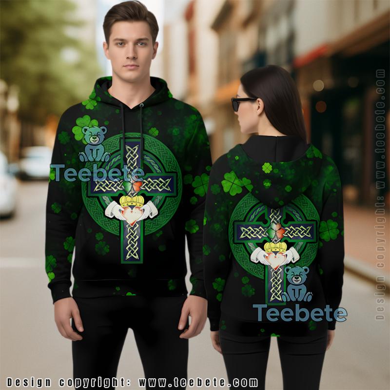 Celtic Cross Shamrock St Patrick Day 3D Hoodie Black Horror