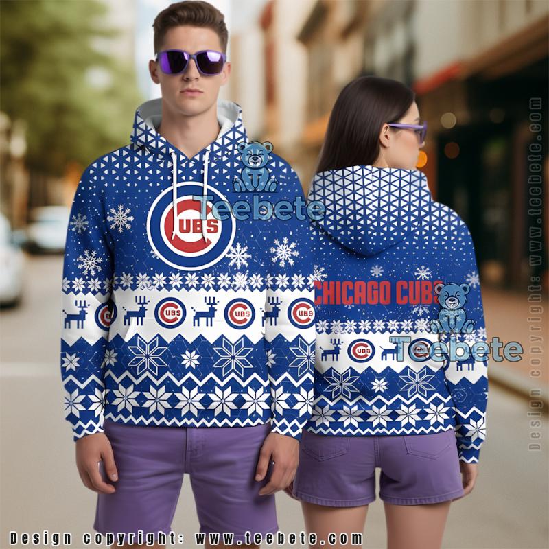 Chicago Cubs Vs Reindeer Pattern 3D Zip Up Hoodie Blue Unisex