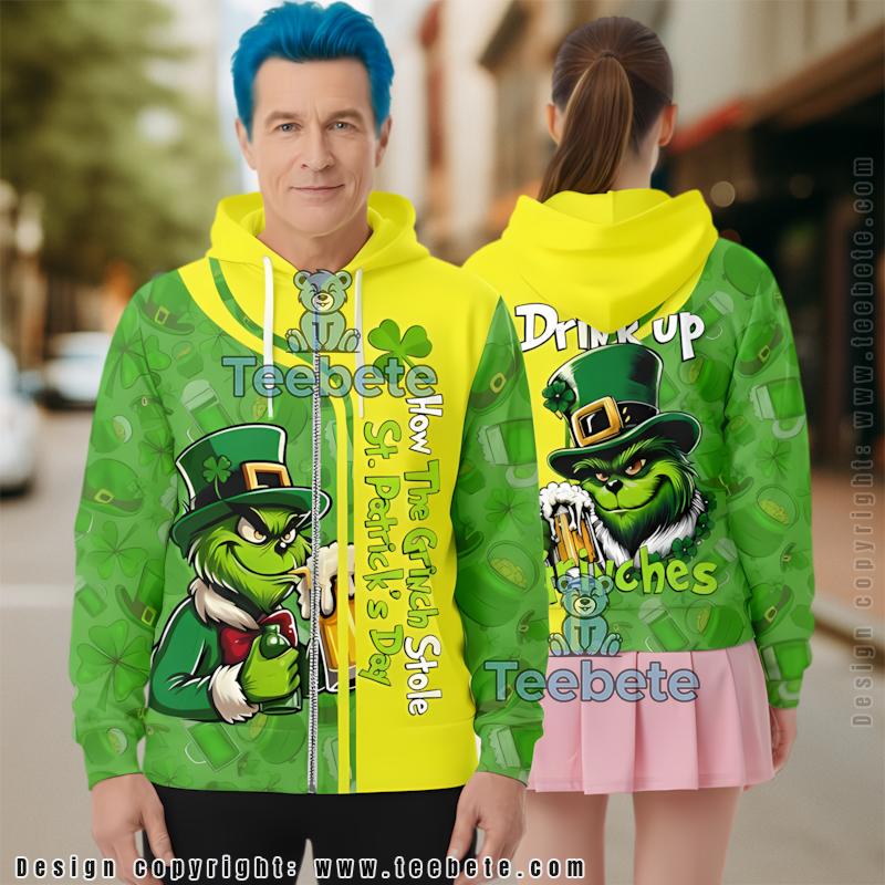 Funny Grinch St Patrick Day 3D Hoodie Green Mens