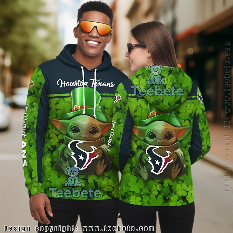 Houston Texans Baby Yoda St Patrick Day 3D Hoodie Green Mens