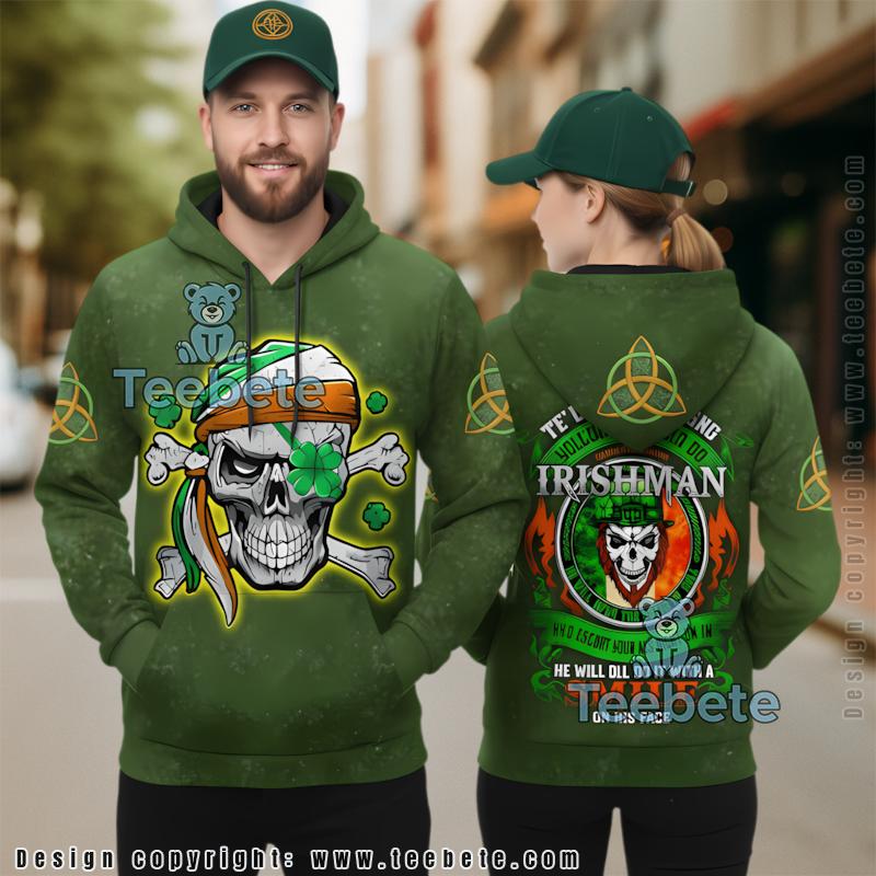 Irishman Skull Smile St Patrick Day 3D Hoodie Green Graphic