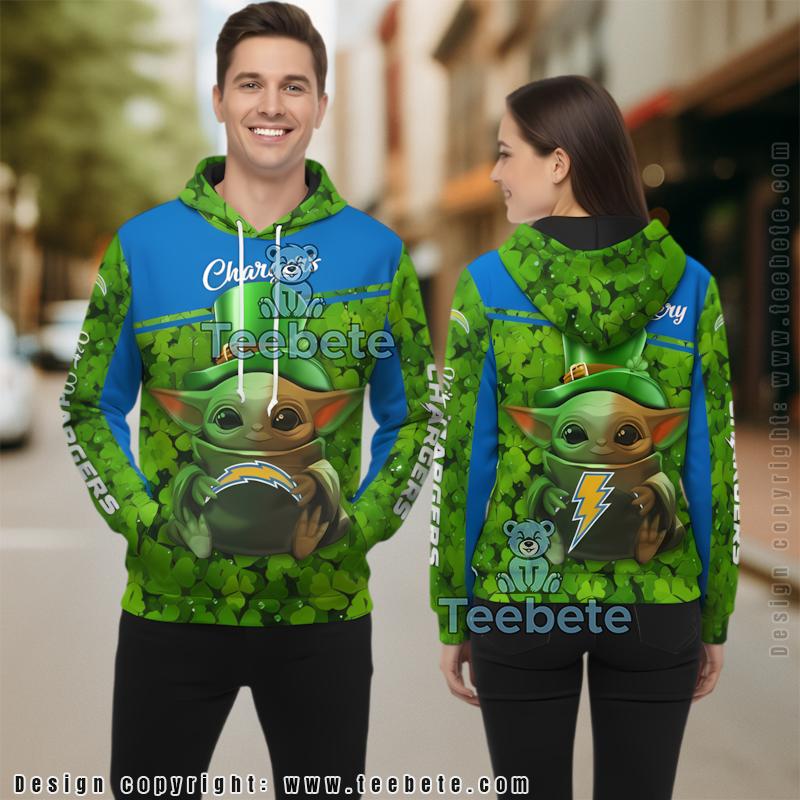 Los Angeles Chargers Baby Yoda St Patrick Day 3D Hoodie Green Mens