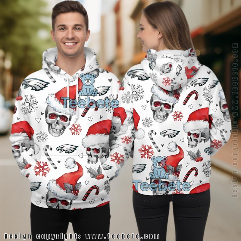 Philadelphia Eagles Christmas Santa Skull 3D Hoodie White Red