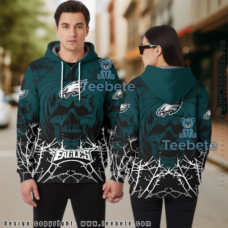 Philadelphia Eagles Halloween Pumpkin Skull 3D Hoodie Black Blue