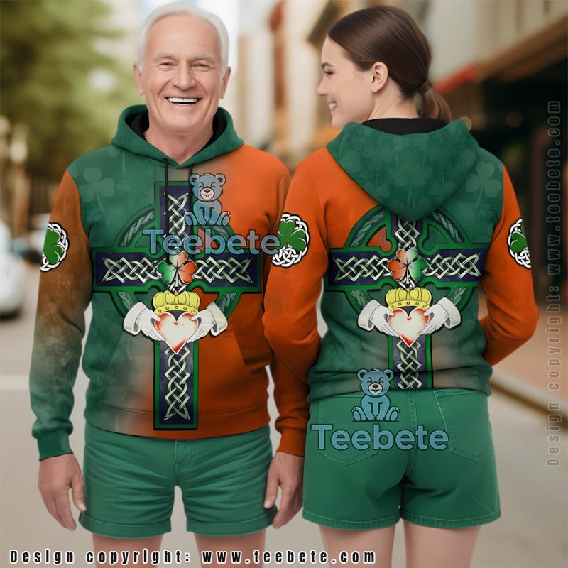 Saint Patrick Celtic Cross Love St Patrick Day 3D Hoodie Green Mens