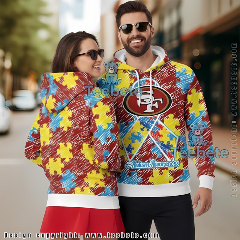 San Francisco 49Ers Puzzle Ribbon Autism Awareness 3D Hoodie Red