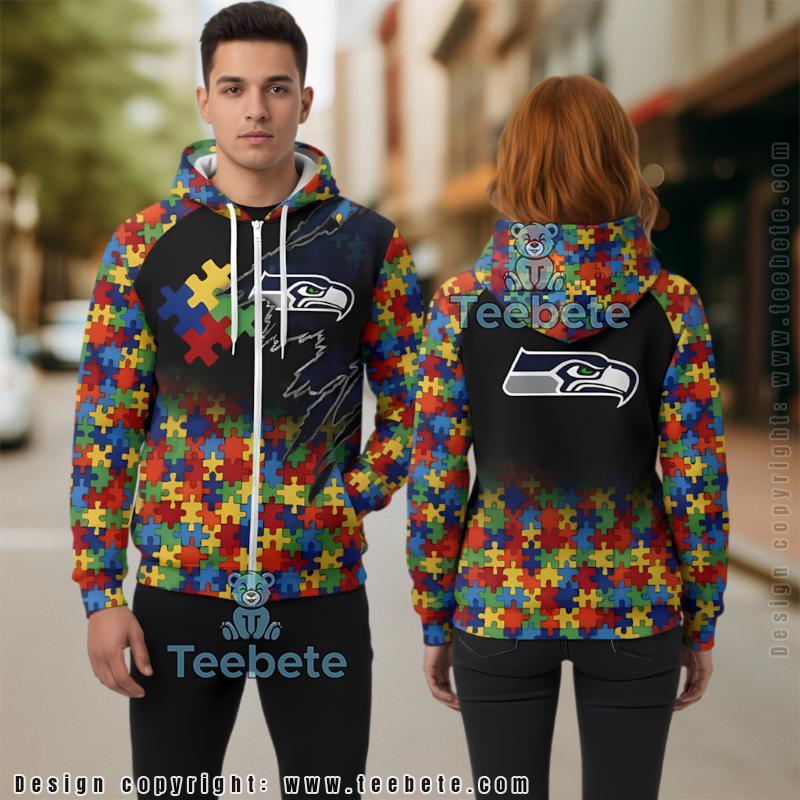 Seattle Seahawks Autism Awareness Puzzle Ribbon 3D Hoodie Blue