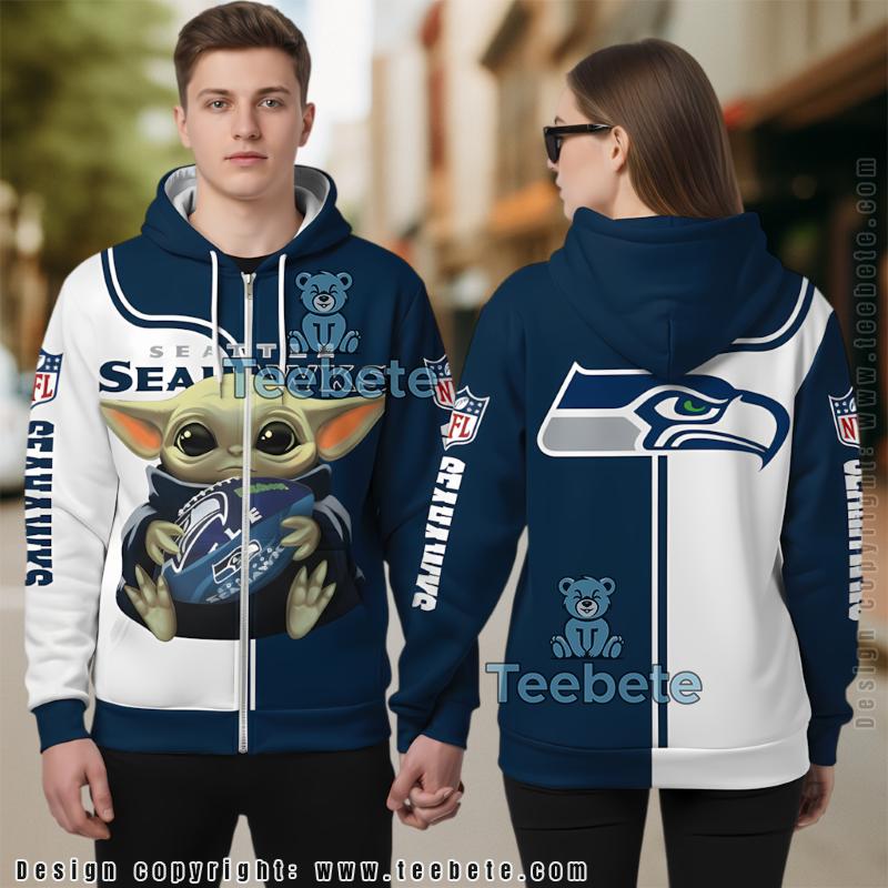Seattle Seahawks Baby Yoda 3D Hoodie Blue White