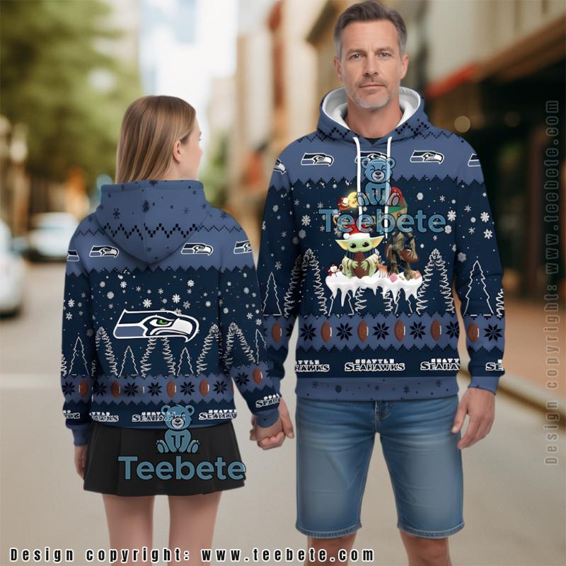 Seattle Seahawks Baby Yoda Groot Christmas Ugly 3D Hoodie Blue