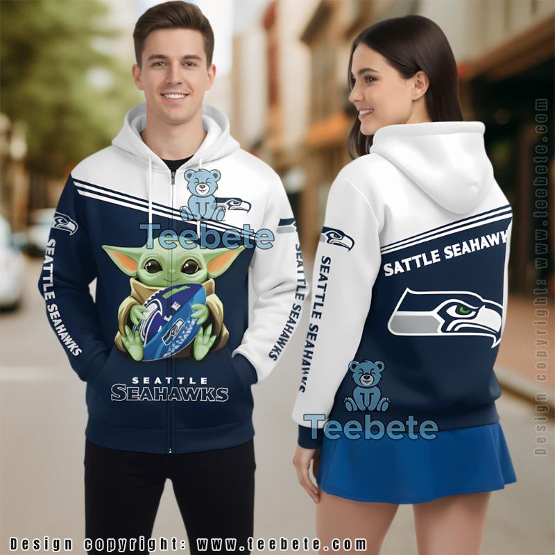 Seattle Seahawks Baby Yoda Star Wars 3D Hoodie White Blue