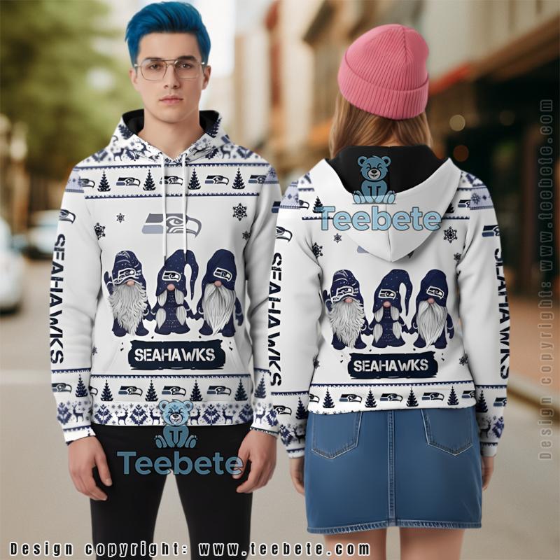 Seattle Seahawks Christmas Gnomes 3D Hoodie White Blue