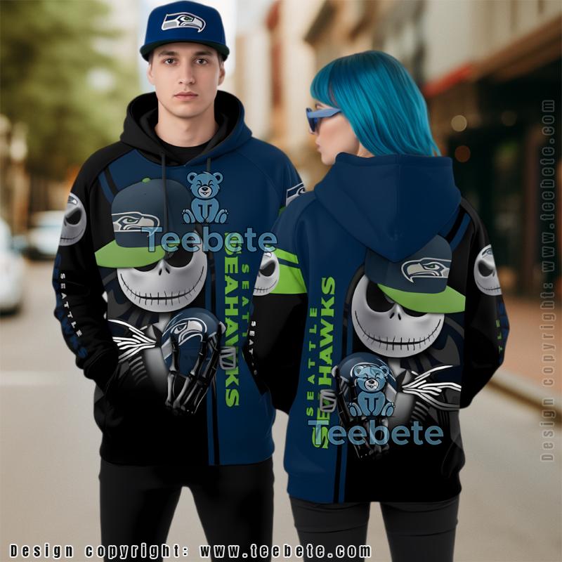 Seattle Seahawks Jack Skellington Halloween 3D Hoodie Black Blue