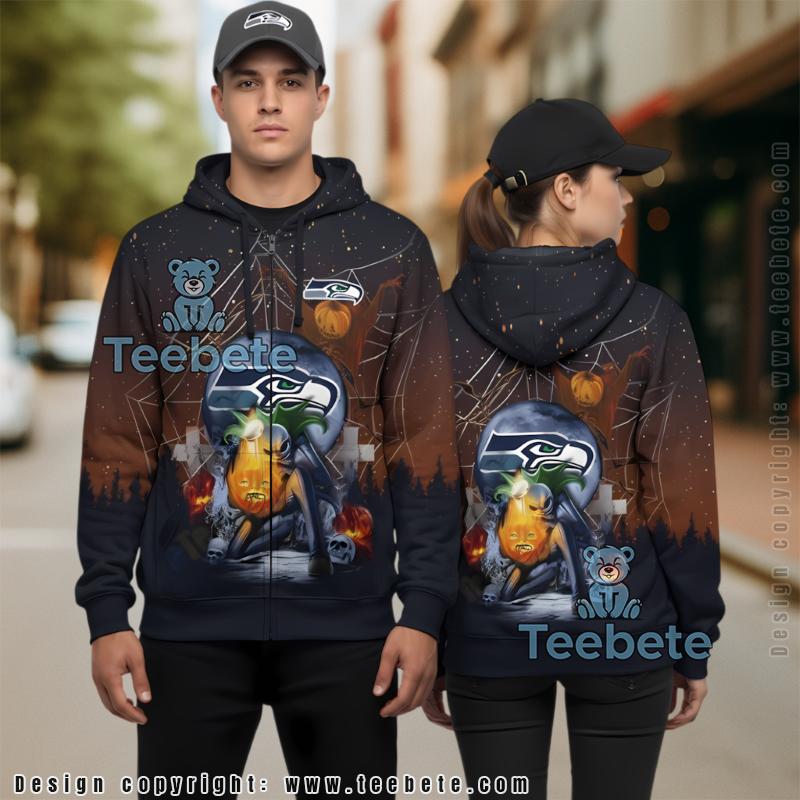 Seattle Seahawks Jack Skellington Pumpkin Halloween 3D Hoodie Black
