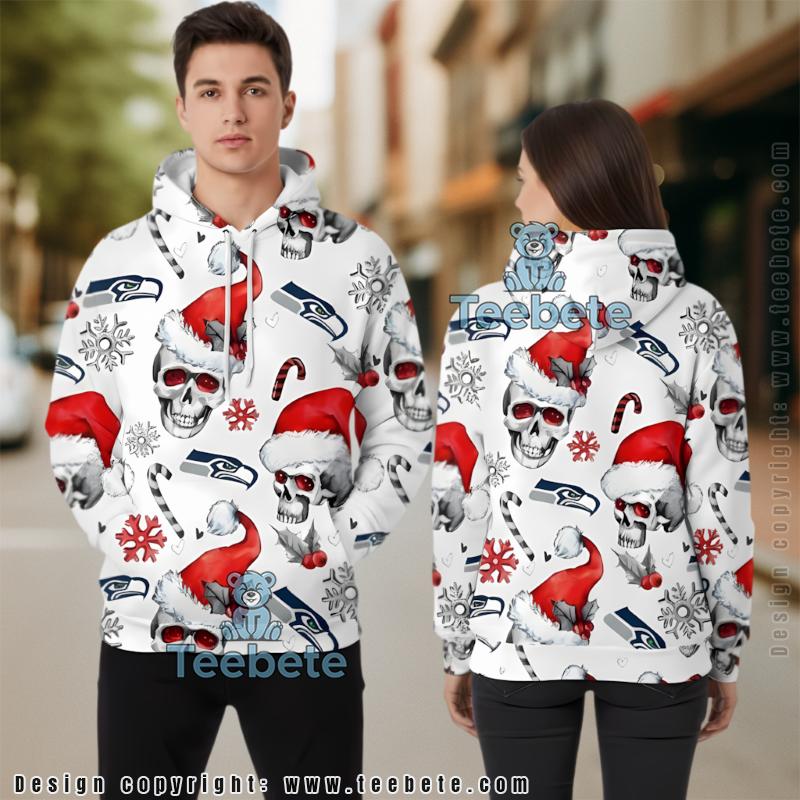 Seattle Seahawks Santa Skull Candy Christmas 3D Hoodie White