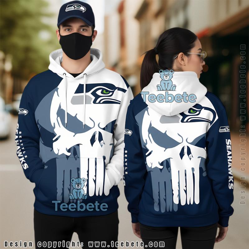 Seattle Seahawks Skull 3D Hoodie White Blue