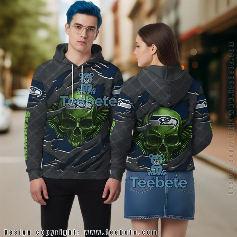 Seattle Seahawks Skull Crack 3D Hoodie Grey