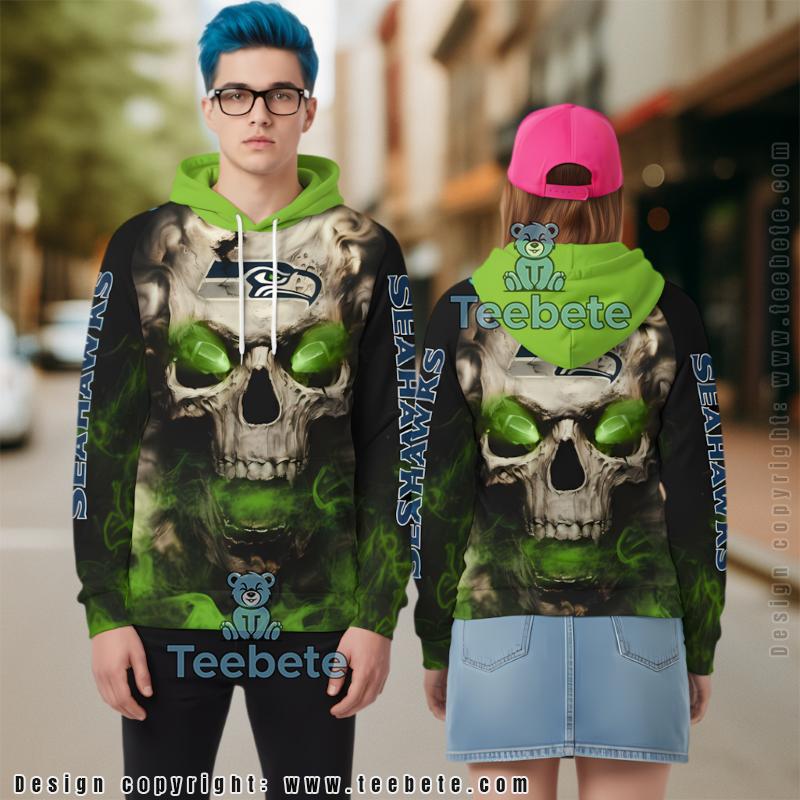 Seattle Seahawks Skull Fire 3D Hoodie Black Green