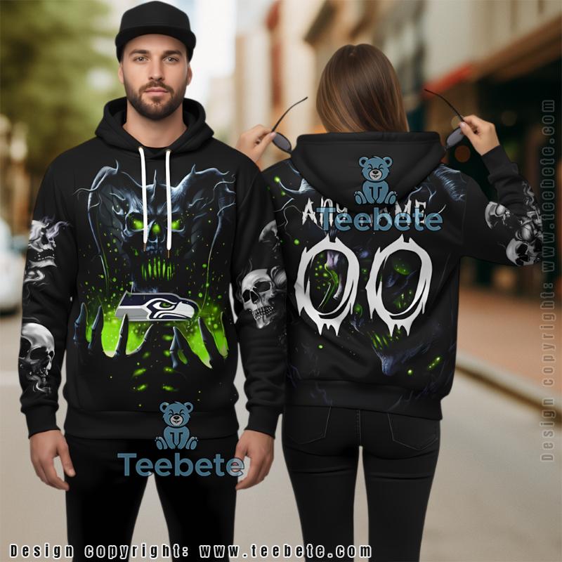 Seattle Seahawks Skull 3D Hoodie Grey Blue Seattle Seahawks Skull 3D Hoodie Grey Blue