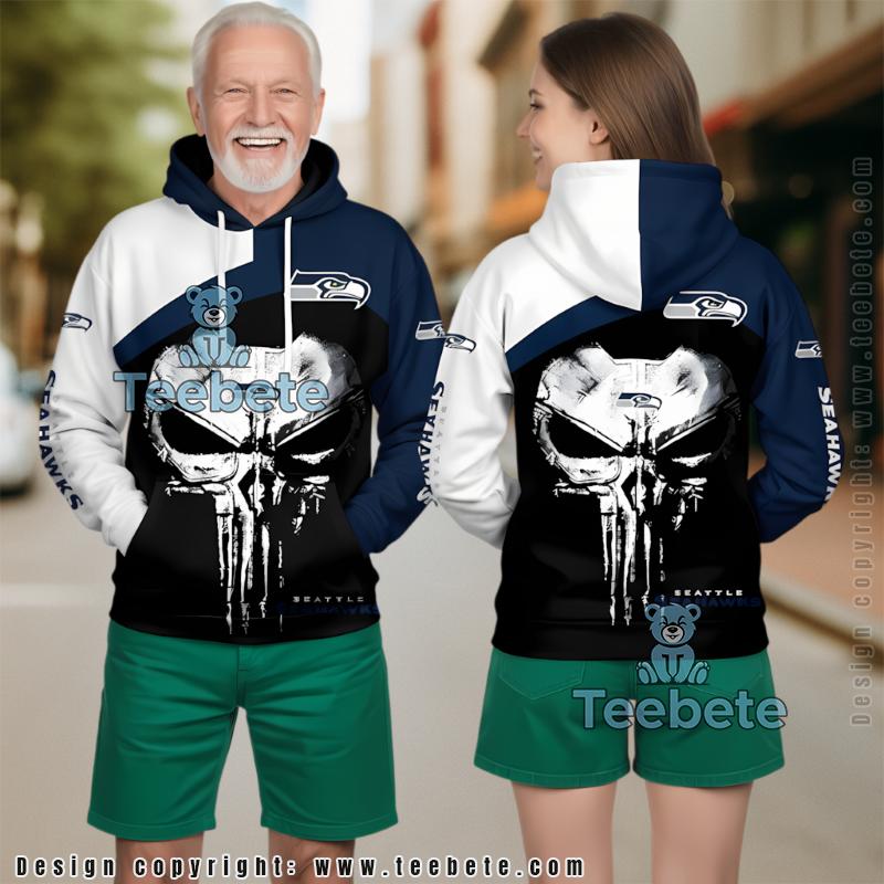 Seattle Seahawks Skull Punisher 3D Hoodie White Black