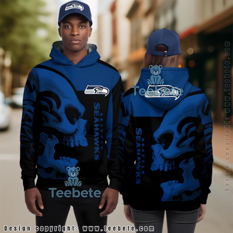 Seattle Seahawks Tribal Skull 3D Hoodie Black Blue