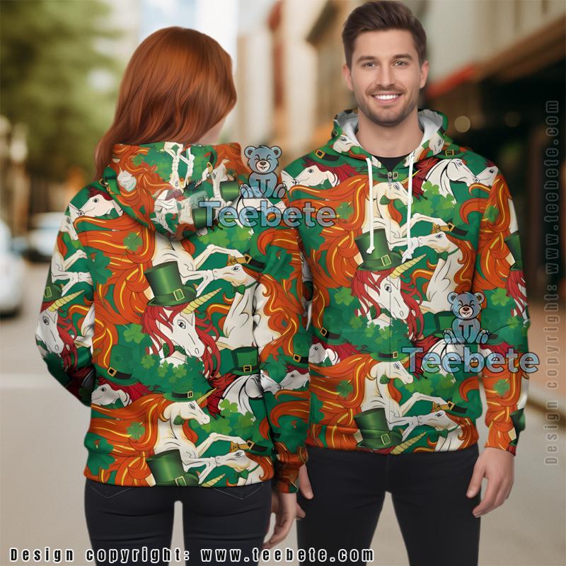 Unicorn Shamrock St Patrick Day 3D Zip Up Hoodie Green