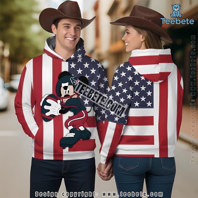 American Flag Mickey Houston Texans 3D Hoodie White Red Mens