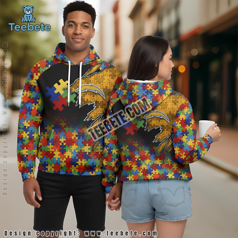 Los Angeles Chargers Autism Awareness 3D Kids Hoodie Yellow Black