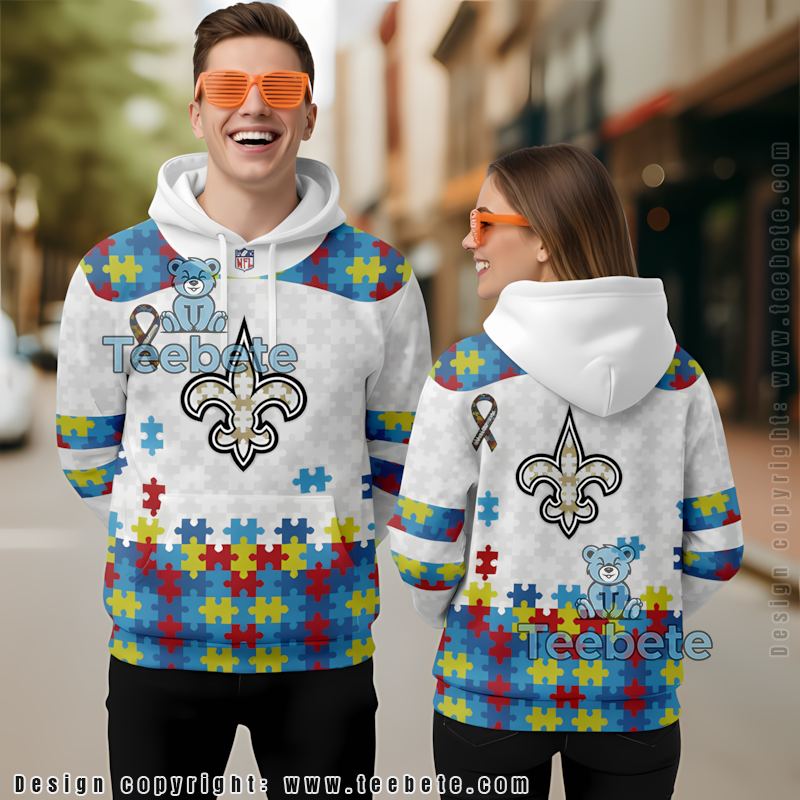 New Orleans Saints Autism Awareness 3D Hoodie White Puff Print
