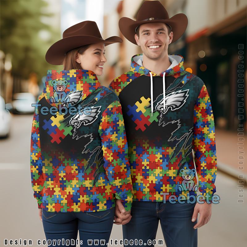 Philadelphia Eagles Autism Awareness 3D Hoodie Black Red