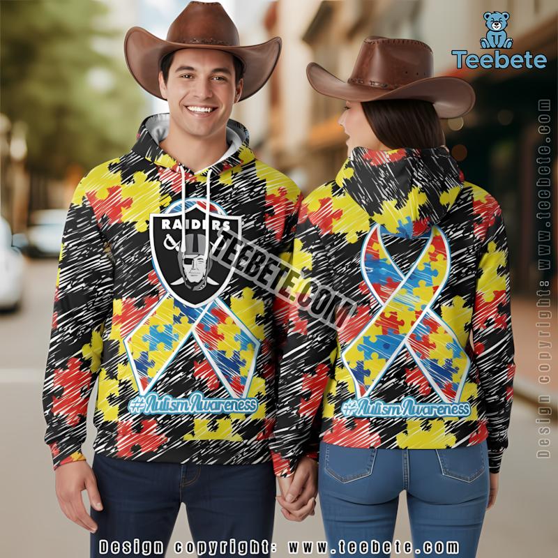 Autism Awareness Puzzle Ribbon Las Vegas Raiders 3D Hoodie Black Kids