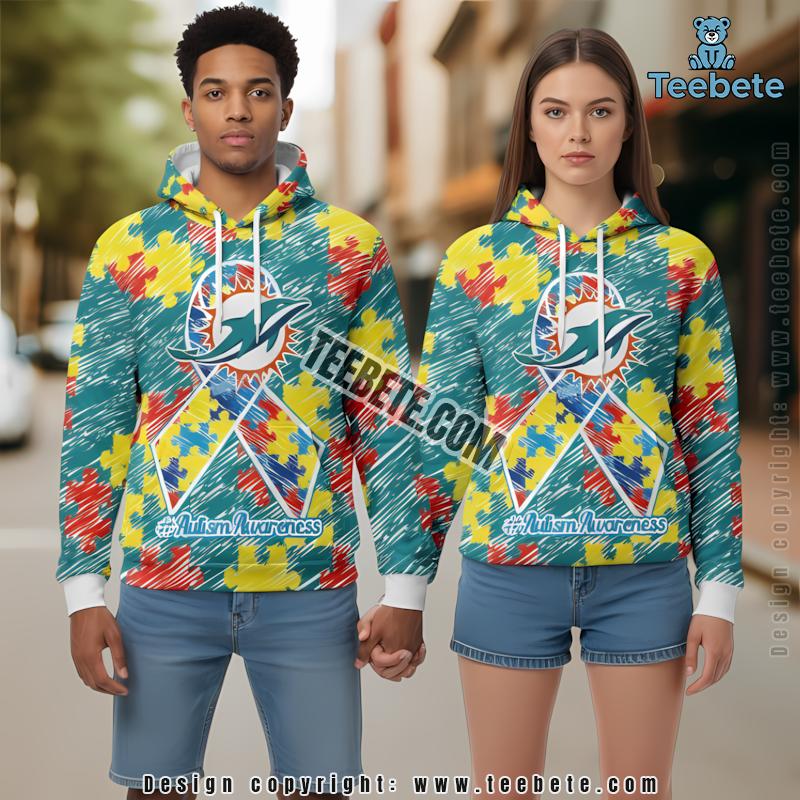 Miami Dolphins Autism Awareness Puzzle Ribbon Christmas 3D Hoodie Blue White