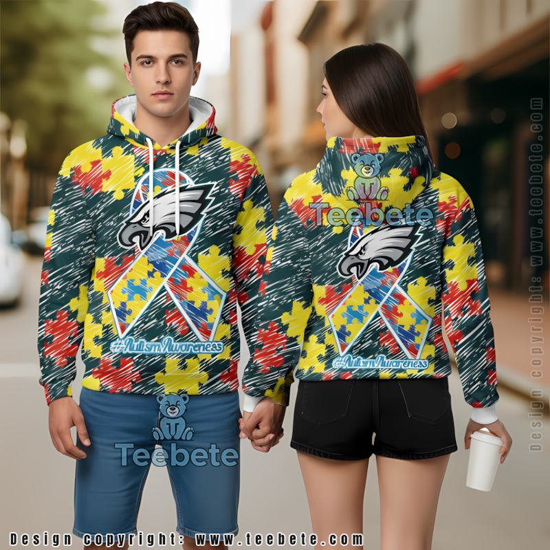 Philadelphia Eagles Autism Puzzle Ribbon 3D Hoodie Blue Unisex