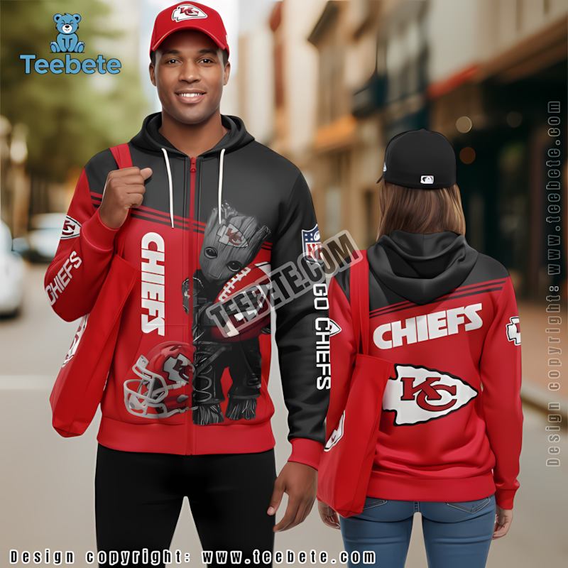 Kansas City Chiefs Baby Groot 3D Hoodie Red Black For Sale