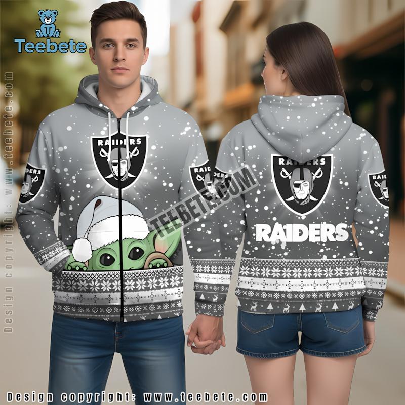 Baby Yoda Christmas Las Vegas Raiders 3D Hoodie Graphic Grey