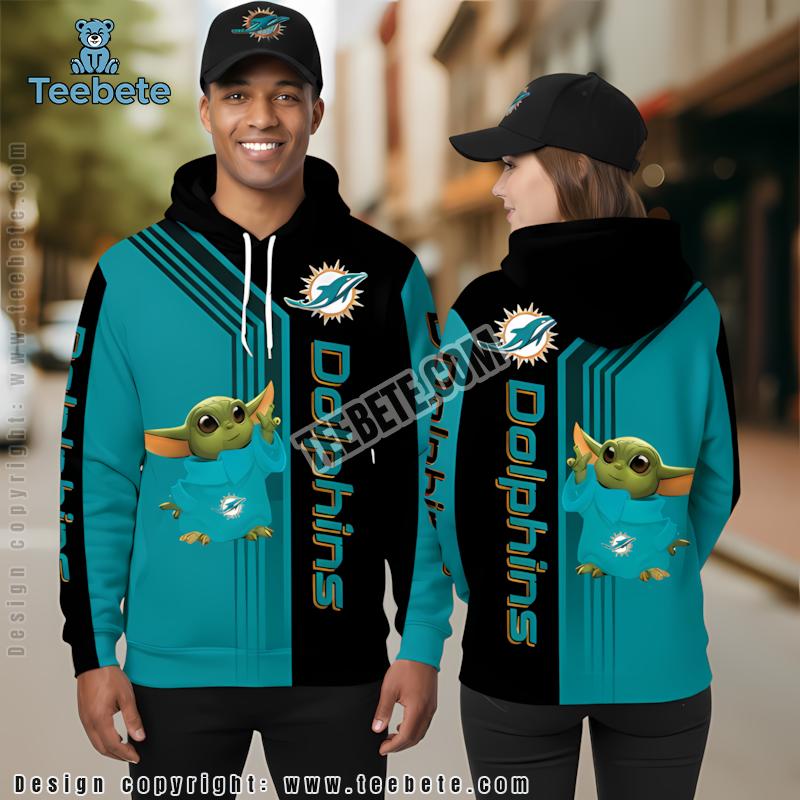 Miami Dolphins Baby Yoda 3D Hoodie Blue Black Mens