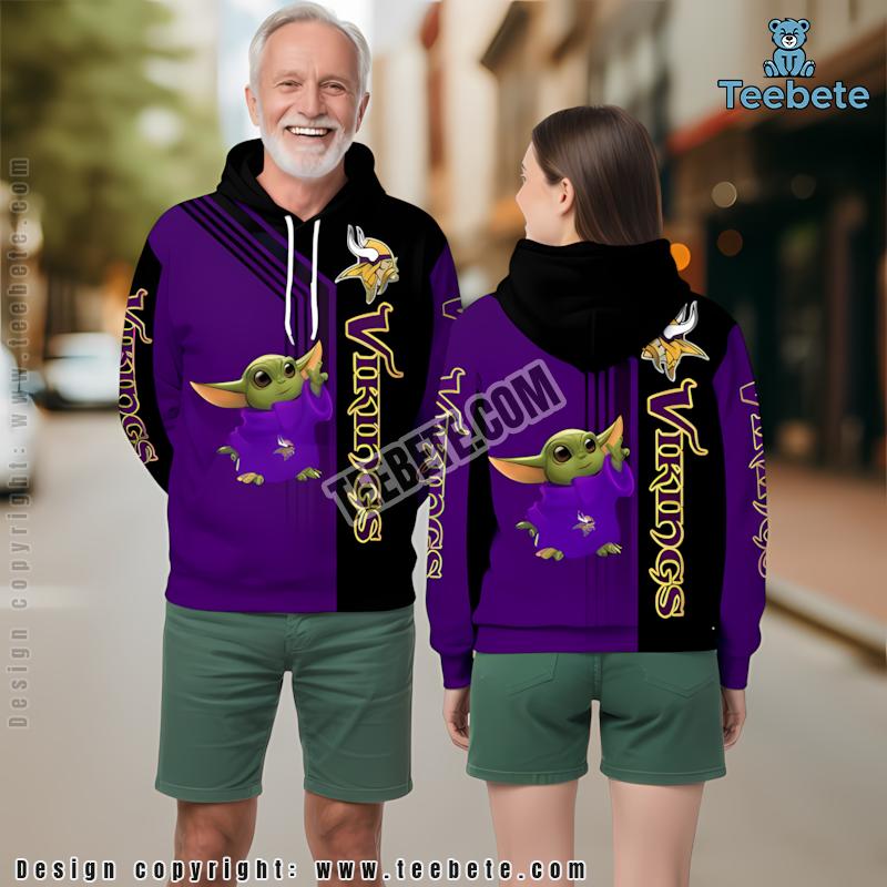 Baby Yoda Minnesota Vikings 3D Hoodie Purple Black Unisex