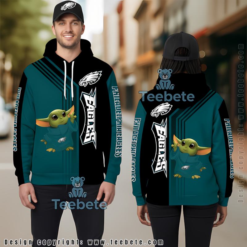 Philadelphia Eagles Baby Yoda 3D Hoodie Black Blue