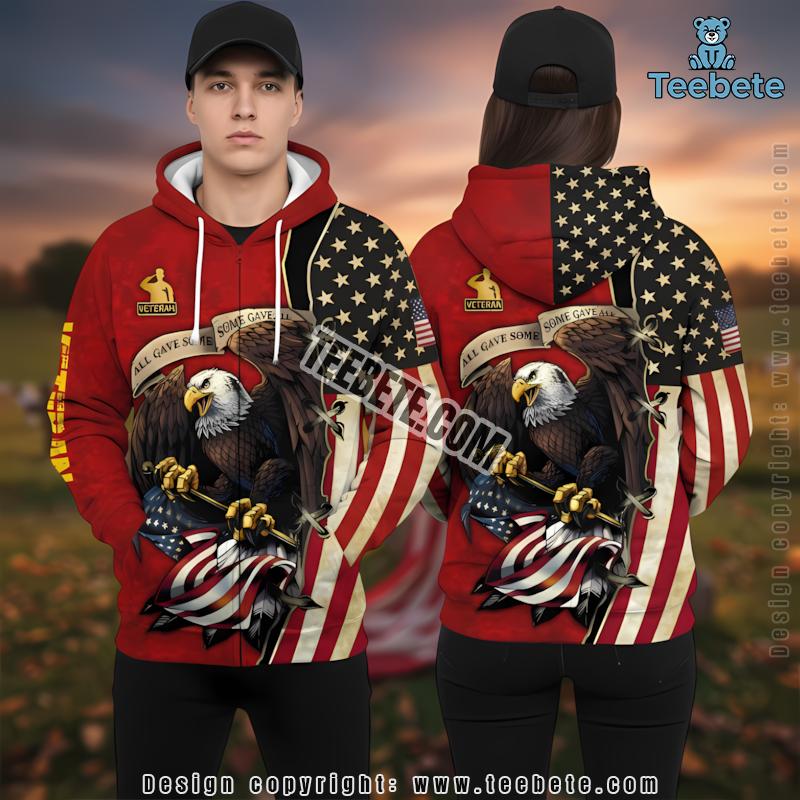 Bald Eagle Us Multiple Service Veteran 3D Hoodie Red Pattern