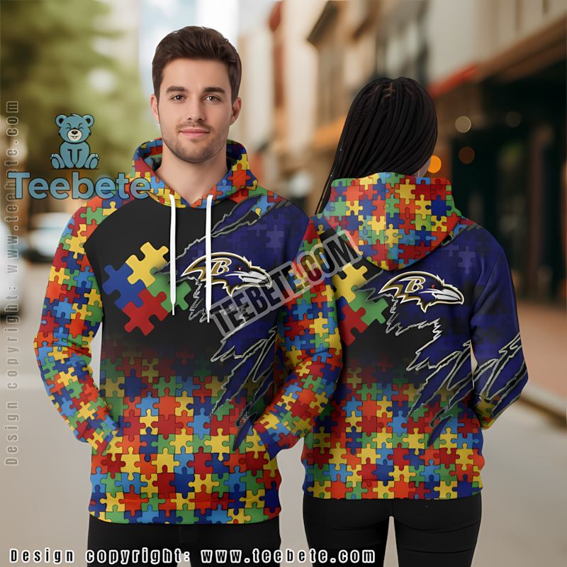 Baltimore Ravens Autism 3D Hoodie Zipper Blue Black