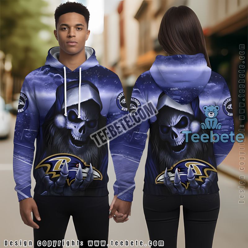 Baltimore Ravens Santa Skull Candy 3D Hoodie Blue White Unisex Baltimore Ravens Santa Skull Candy 3D Hoodie Blue White Unisex
